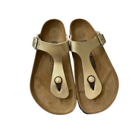 NWOB Birkenstock Women's Gold Gold Gizeh Birko-Flor Sandal Size 7 - Picture 3 of 7